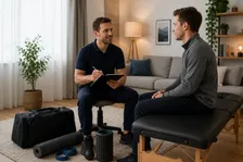 Physiotherapeut leitet einen männlichen Patienten bei Übungen mit einem Widerstandsband an