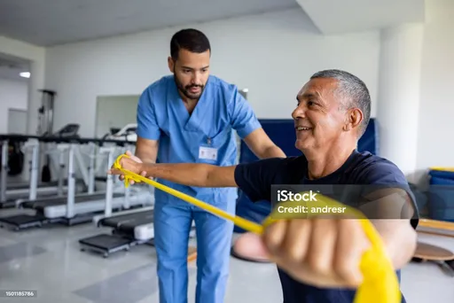 Physiotherapeut leitet einen männlichen Patienten bei Übungen mit einem Widerstandsband an